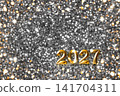 Golden 2027 New Year numbers on silver glitter background with festive bokeh and sparkle 141704311