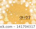 Golden 2027 New Year background with bokeh sparkle and minimalist Christmas tree design 141704317