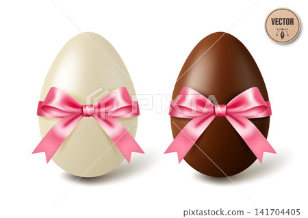 Vector 3d White and Black Chocolate Easter Eggs with Pink and Blue Satin Bows, Isolated. Sweet Holiday Gift Illustration. Festive Spring Dessert Decoration. Candy Surprise Concept Vector 3d White and Black Chocolate Easter Eggs with Pink and Blue Satin Bows, Isolated. Sweet Holiday Gift Illustration. Festive Spring Dessert Decoration. Candy Surprise Concept 141704405