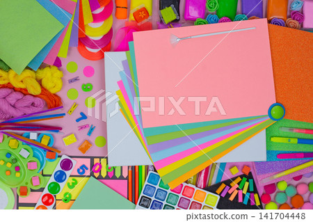 Girly saturated pink background with sketches and painting tools. Lovely cute pink baby girl style. 141704448