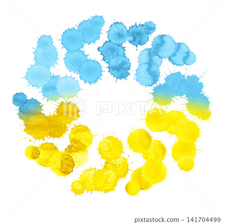 Bright abstract watercolor illustration with blue and yellow paint splashes and blots on light background. Bright abstract watercolor illustration with blue and yellow paint splashes and blots on light background. 141704499