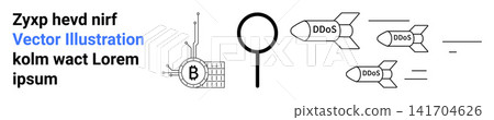 Cybersecurity, blockchain protection, crypto security, digital attacks, network security, online crime. Magnifying glass, crypto symbol and DDoS missiles . Cybersecurity and blockchain protection Cybersecurity, blockchain protection, crypto security, digital attacks, network security, online crime. Magnifying glass, crypto symbol and DDoS missiles . Cybersecurity and blockchain protection 141704626
