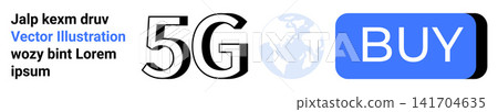 E-commerce, digital communication, online shopping, global connectivity, internet speed, 5G technology. Bold 5G text, globe icon and blue buy button. E-commerce and digital communication focus E-commerce, digital communication, online shopping, global connectivity, internet speed, 5G technology. Bold 5G text, globe icon and blue buy button. E-commerce and digital communication focus 141704635