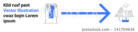E-commerce, urban planning, supply chain, business transition, sustainability, innovation. Clothing on a rack linked by an arrow to cityscape illustration. E-commerce and urban planning E-commerce, urban planning, supply chain, business transition, sustainability, innovation. Clothing on a rack linked by an arrow to cityscape illustration. E-commerce and urban planning 141704636