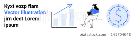 Finance, analytics, business progress, economic growth, technology, remote work. Includes upward graph, person with laptop and dollar icon. Finance and analytics concept Finance, analytics, business progress, economic growth, technology, remote work. Includes upward graph, person with laptop and dollar icon. Finance and analytics concept 141704648