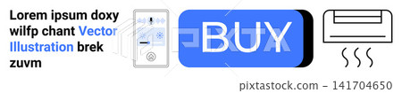 E-commerce, smart home, HVAC control, digital shopping, modern interface, user interaction. Blue buy button, HVAC unit and control panel. E-commerce and smart home concept E-commerce, smart home, HVAC control, digital shopping, modern interface, user interaction. Blue buy button, HVAC unit and control panel. E-commerce and smart home concept 141704650