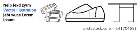 Financial concepts, minimal design, product identity, home furniture, casual footwear, commerce. Stack of coins, a shoe shape and table outline in simple black line drawing. Financial concepts Financial concepts, minimal design, product identity, home furniture, casual footwear, commerce. Stack of coins, a shoe shape and table outline in simple black line drawing. Financial concepts 141704651