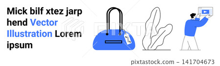 E-commerce, fashion branding, digital media, online shopping, advertising, creative design. A handbag, plant and a person holding a screen. E-commerce and fashion branding concept E-commerce, fashion branding, digital media, online shopping, advertising, creative design. A handbag, plant and a person holding a screen. E-commerce and fashion branding concept 141704673