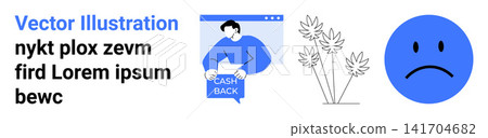 E-commerce, customer rewards, cashback, emotions, botanical design, visual communication. A man holding a cashback sign, sad emotion abstract plants. Cashback and customer rewards concept E-commerce, customer rewards, cashback, emotions, botanical design, visual communication. A man holding a cashback sign, sad emotion abstract plants. Cashback and customer rewards concept 141704682