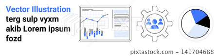 Data analysis, teamwork, business processes, performance evaluation, organizational tools, productivity. Features bar and line graphs, gear with people icons and a pie chart. Data analysis Data analysis, teamwork, business processes, performance evaluation, organizational tools, productivity. Features bar and line graphs, gear with people icons and a pie chart. Data analysis 141704688
