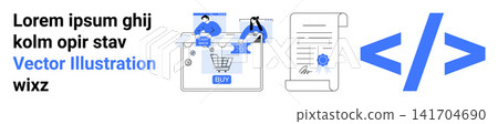 E-commerce, programming, contracts, online shopping, web development, digital business. Shopping cart, contract document coding symbols. E-commerce and programming concept E-commerce, programming, contracts, online shopping, web development, digital business. Shopping cart, contract document coding symbols. E-commerce and programming concept 141704690