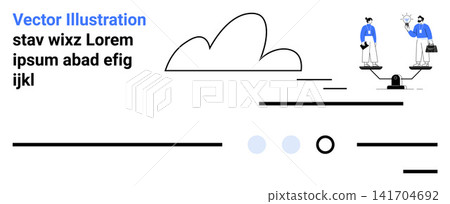 Business competition, teamwork, decision-making, corporate strategy, career balance, equality. Two professionals balanced on a scale with a cloud and abstract lines. Business competition and teamwork Business competition, teamwork, decision-making, corporate strategy, career balance, equality. Two professionals balanced on a scale with a cloud and abstract lines. Business competition and teamwork 141704692