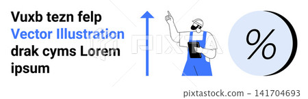Business growth, progress analysis, financial insights, workforce development, data presentation, productivity. Worker pointing at an upward arrow with a percentage sign. Business growth and progress Business growth, progress analysis, financial insights, workforce development, data presentation, productivity. Worker pointing at an upward arrow with a percentage sign. Business growth and progress 141704693