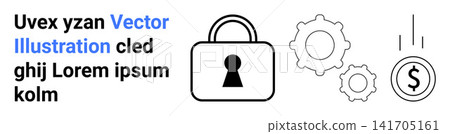 Data protection, secure transactions, cybersecurity, technology, financial security, system efficiency. Black lock, gear symbols and currency icon. Data protection and secure transactions concept Data protection, secure transactions, cybersecurity, technology, financial security, system efficiency. Black lock, gear symbols and currency icon. Data protection and secure transactions concept 141705161