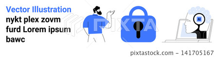 Cybersecurity, identity protection, online privacy, AI technology, authentication, data safety. Person pointing, lock icon AI activation on a computer screen. Cybersecurity and identity protection Cybersecurity, identity protection, online privacy, AI technology, authentication, data safety. Person pointing, lock icon AI activation on a computer screen. Cybersecurity and identity protection 141705167