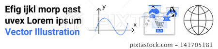 E-commerce, data analysis, global connectivity, online shopping, tech communication, vector art. Graph with curve and axes, cart with people globe outline. E-commerce and data analysis concept E-commerce, data analysis, global connectivity, online shopping, tech communication, vector art. Graph with curve and axes, cart with people globe outline. E-commerce and data analysis concept 141705181
