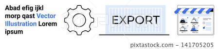 E-commerce, online stores, logistics, business exports, technology integration, digital tools. Gear icon, export text and online shop graphic displayed. E-commerce and business exports concept E-commerce, online stores, logistics, business exports, technology integration, digital tools. Gear icon, export text and online shop graphic displayed. E-commerce and business exports concept 141705205