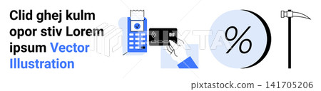 Banking, payment solutions, e-commerce, finance, retail, transaction systems. Credit card terminal, hand holding a card percentage symbol and pickaxe graphic. Banking and payment solutions concept 141705206