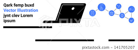 Technology, data sharing, connectivity, online networks, business sectors, communication systems. Laptop silhouette with network of connected icons. Technology and data sharing concept Technology, data sharing, connectivity, online networks, business sectors, communication systems. Laptop silhouette with network of connected icons. Technology and data sharing concept 141705207