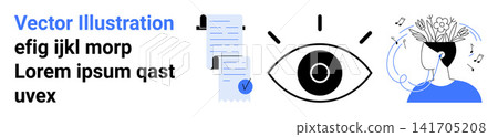 Data analysis, visual perception, creativity, innovation, knowledge sharing, information processing. Eye illustration, documents human head with musical notes. Data analysis and creativity 141705208