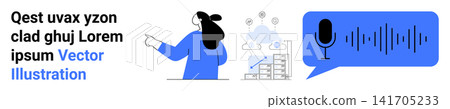 Communication, data processing, voice technology, analytics, remote work, digital transformation. Woman pointing at data visuals alongside a microphone and sound wave graphic. Communication and data Communication, data processing, voice technology, analytics, remote work, digital transformation. Woman pointing at data visuals alongside a microphone and sound wave graphic. Communication and data 141705233
