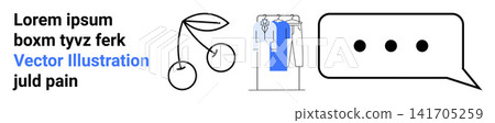 Communication, retail, fashion, e-commerce, dialogue, visual storytelling. Minimal visual with cherries, a clothing rack and a speech bubble. Communication and retail concept 141705259