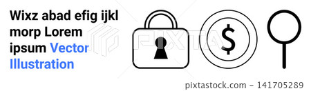 Cybersecurity, financial security, data analysis, fraud prevention, authentication, online privacy. A lock, dollar symbol and magnifying glass icons. Cybersecurity and financial security concepts Cybersecurity, financial security, data analysis, fraud prevention, authentication, online privacy. A lock, dollar symbol and magnifying glass icons. Cybersecurity and financial security concepts 141705289