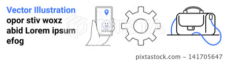 Digital apps, workplace productivity, mechanical systems, business tools, navigation, app interfaces. Phone with location, gear and bag icon. Digital apps and workplace productivity Digital apps, workplace productivity, mechanical systems, business tools, navigation, app interfaces. Phone with location, gear and bag icon. Digital apps and workplace productivity 141705647