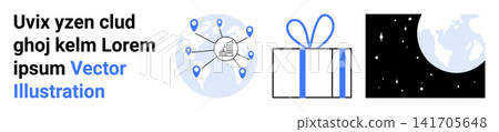Global communication, logistics, e-commerce, gift-giving, astronomy, space exploration. Icons showcase a networked globe, a wrapped gift and a starry sky with Earth. Global communication Global communication, logistics, e-commerce, gift-giving, astronomy, space exploration. Icons showcase a networked globe, a wrapped gift and a starry sky with Earth. Global communication 141705648