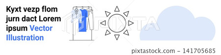 Laundry care, weather forecast, climate symbols, drying clothes, outdoor drying, household chores. Clothes drying on a rack with a sun and cloud icon. Laundry care and weather forecast Laundry care, weather forecast, climate symbols, drying clothes, outdoor drying, household chores. Clothes drying on a rack with a sun and cloud icon. Laundry care and weather forecast 141705685