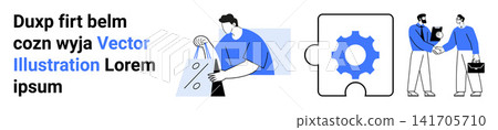 Business collaboration, remote work, e-commerce, partnerships, workflow, innovation. A person holding a bag, a gear puzzle piece and two people shaking hands. Business collaboration and remote work Business collaboration, remote work, e-commerce, partnerships, workflow, innovation. A person holding a bag, a gear puzzle piece and two people shaking hands. Business collaboration and remote work 141705710