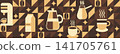 Geometric coffee pattern in minimalist bauhaus style. Abstract print background with simple shapes for coffee shop, food packaging, cafe wall, menu. 141705761