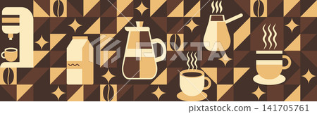 Geometric coffee pattern in minimalist bauhaus style. Abstract print background with simple shapes for coffee shop, food packaging, cafe wall, menu. Geometric coffee pattern in minimalist bauhaus style. Abstract print background with simple shapes for coffee shop, food packaging, cafe wall, menu. 141705761