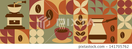 Geometric coffee pattern in minimalist bauhaus style. Abstract print background with simple shapes for coffee shop, food packaging, cafe wall, menu. Geometric coffee pattern in minimalist bauhaus style. Abstract print background with simple shapes for coffee shop, food packaging, cafe wall, menu. 141705762