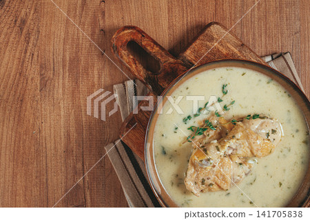 Chikhirtma chicken soup, Georgian dish, with lavash, top view, no people, Chikhirtma chicken soup, Georgian dish, with lavash, top view, no people, 141705838