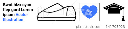 Education, healthcare, lifestyle, academic goals, wellness, fitness. A graduation cap, heartbeat graphic and casual shoe icon. Education and healthcare concepts Education, healthcare, lifestyle, academic goals, wellness, fitness. A graduation cap, heartbeat graphic and casual shoe icon. Education and healthcare concepts 141705923