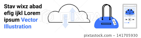 Cloud storage, online shopping, music streaming, digital commerce, modern connectivity, technology. Visual includes cloud, handbag and smartphone icons. Cloud storage and online shopping concept Cloud storage, online shopping, music streaming, digital commerce, modern connectivity, technology. Visual includes cloud, handbag and smartphone icons. Cloud storage and online shopping concept 141705930