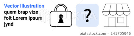 Cybersecurity, online privacy, user authentication, identity verification, small business, security awareness. Padlock, question mark store icon. Cybersecurity and online privacy concept 141705946