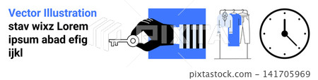 Time management, organization, key access, storage planning, work scheduling, daily routine. Vector of a hand holding a key, clothing rack clock. Time management and organization concepts Time management, organization, key access, storage planning, work scheduling, daily routine. Vector of a hand holding a key, clothing rack clock. Time management and organization concepts 141705969