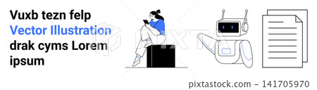 Artificial intelligence, digital communication, automation, document processing, remote work, human-robot interaction. Person using mobile phone, robot and documents. Artificial intelligence Artificial intelligence, digital communication, automation, document processing, remote work, human-robot interaction. Person using mobile phone, robot and documents. Artificial intelligence 141705970