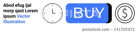 E-commerce, online shopping, payment systems, digital transactions, time management, budgeting. Blue BUY button with clock and dollar coin symbols. E-commerce and payment systems E-commerce, online shopping, payment systems, digital transactions, time management, budgeting. Blue BUY button with clock and dollar coin symbols. E-commerce and payment systems 141705972