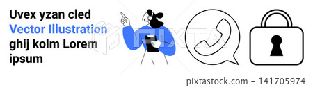 Business communication, data protection, cybersecurity tools, secure messaging, network security, confidentiality. Person holding clipboard, phone icon lock symbol. Cybersecurity and secure 141705974