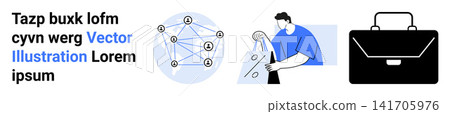 Networking, business technology, data analysis, communication, teamwork, corporate solutions. are a network diagram, a professional analyzing data and a business briefcase. Networking and business 141705976