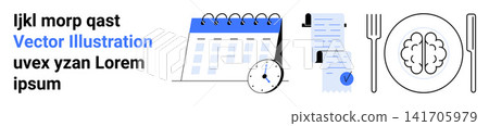 Time management, financial planning, meal tracking, productivity tools, budget control, personal planning. A calendar with a clock, a receipt and a plate with a brain. Time management and financial Time management, financial planning, meal tracking, productivity tools, budget control, personal planning. A calendar with a clock, a receipt and a plate with a brain. Time management and financial 141705979