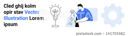 Innovation, environmental awareness, shopping preferences, consumer habits, business growth, sustainability. A man holding shopping bags, lightbulb with sprouting plant gear icon. Innovation Innovation, environmental awareness, shopping preferences, consumer habits, business growth, sustainability. A man holding shopping bags, lightbulb with sprouting plant gear icon. Innovation 141705982
