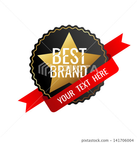 Best brand rosette badge with red ribbon. Winner or champion product award template. Vector illustration Best brand rosette badge with red ribbon. Winner or champion product award template. Vector illustration 141706004