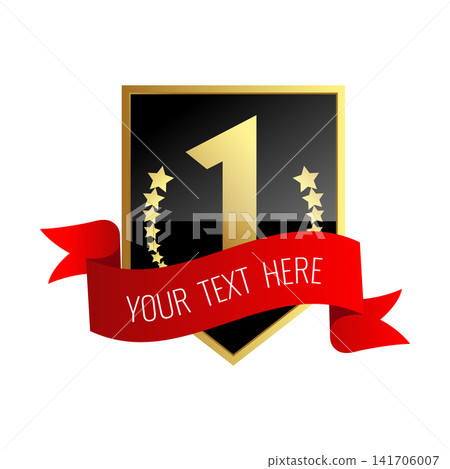First place gold shield shaped award with red ribbon. Winner or champion template. Vector illustration First place gold shield shaped award with red ribbon. Winner or champion template. Vector illustration 141706007