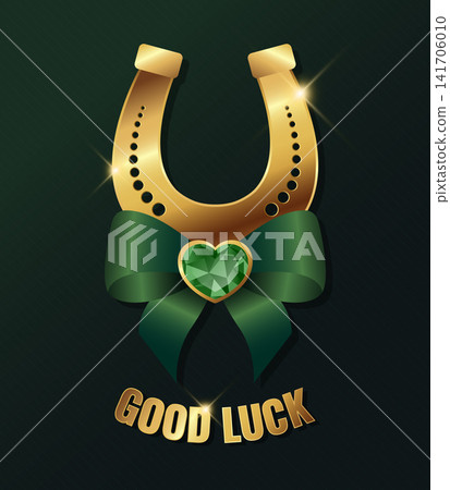Golden horseshoe decorated with heart shaped gem and green bow ribbon. Saint Patrick Day concept. Vector illustration Golden horseshoe decorated with heart shaped gem and green bow ribbon. Saint Patrick Day concept. Vector illustration 141706010