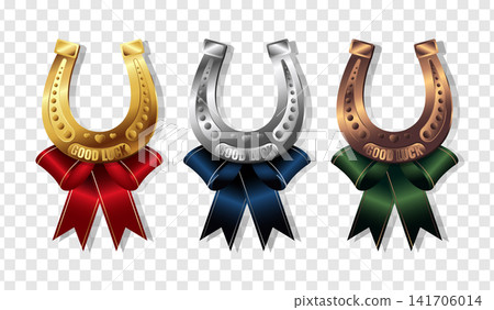 Gold, silver and bronze horseshoes decorated with bow ribbons. Decorative lucky horseshoe set. Vector illustration Gold, silver and bronze horseshoes decorated with bow ribbons. Decorative lucky horseshoe set. Vector illustration 141706014