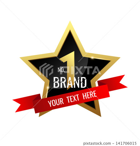 Number one brand gold star award with red ribbon. Winner or champion product template. Vector illustration 141706015